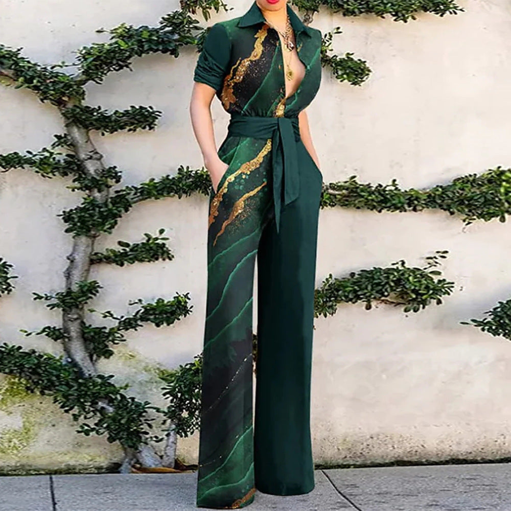 Printed Long Sleeve Collared Casual Jumpsuit