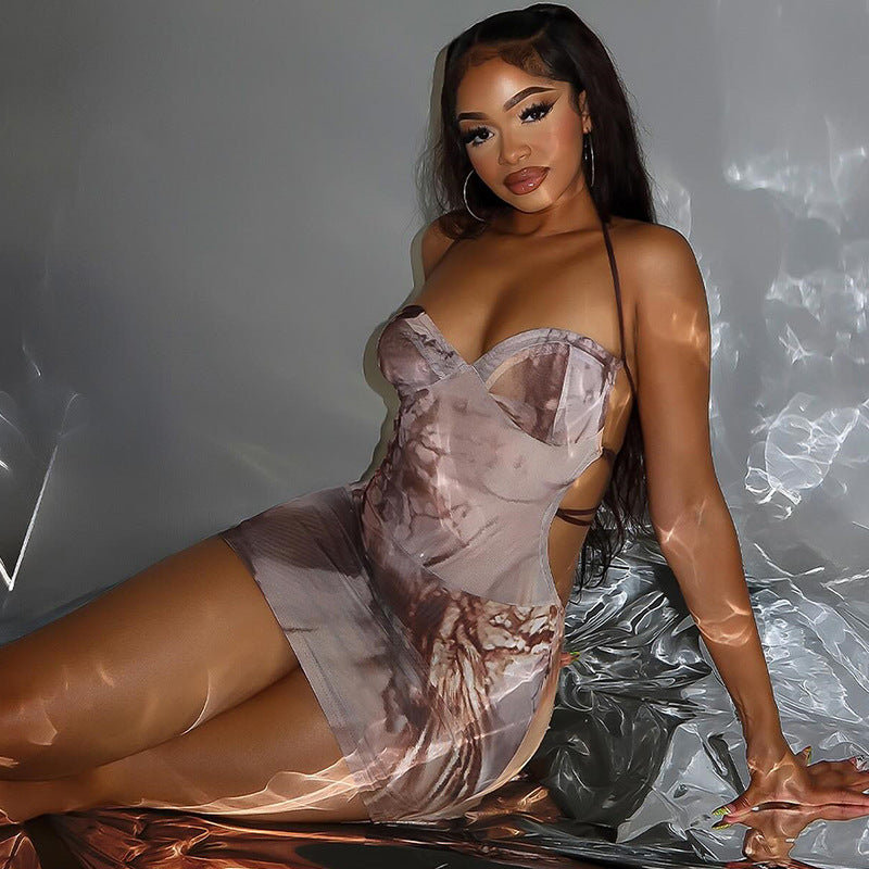 Printed Sexy Corset Lace up Backless Dress