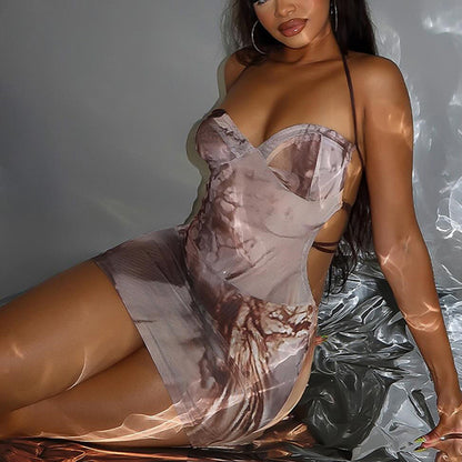 Printed Sexy Corset Lace up Backless Dress